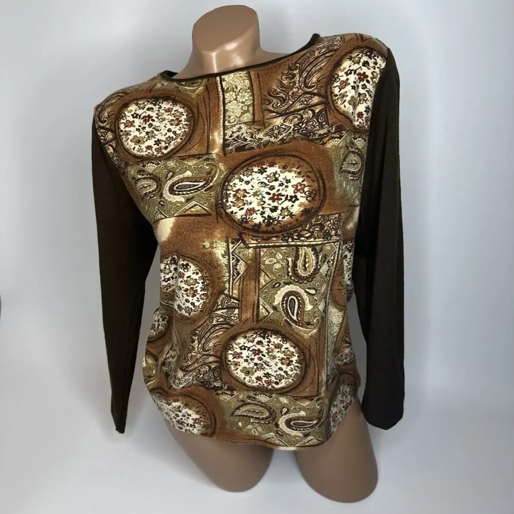 Vintage Y2K Brown Baroque Paisley Top M Whimsigoth Fairy Grunge Long Sleeve Boho